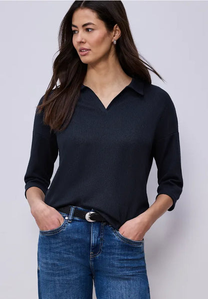 Street One Knit 3/4 sleeve Polo Shirt in Navy  324633