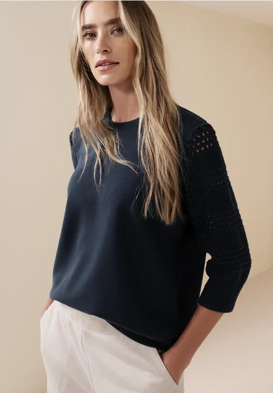 Street One Navy Knit with Crochet sleeve 324797