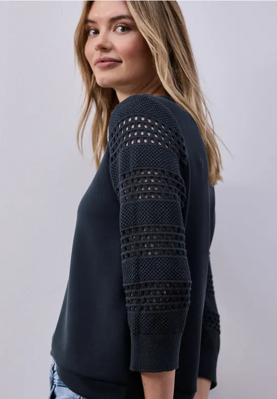 Street One Navy Knit with Crochet sleeve 324797