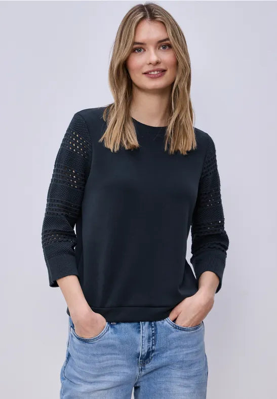 Street One Navy Knit with Crochet sleeve 324797