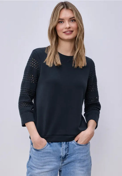 Street One Navy Knit with Crochet sleeve 324797