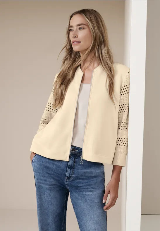 Street One Zip soft jacket with crochet look sleeves in Navy or Beige 324795