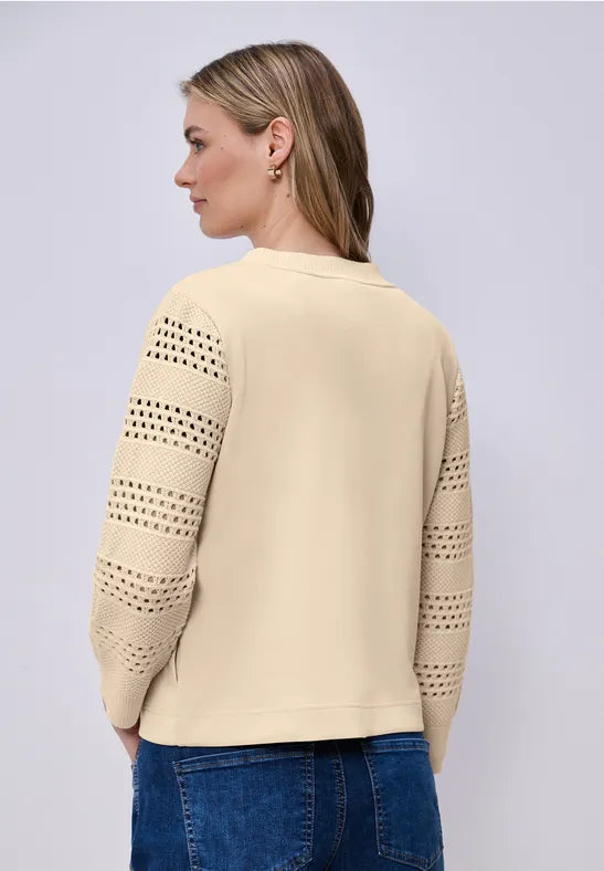 Street One Zip soft jacket with crochet look sleeves in Navy or Beige 324795