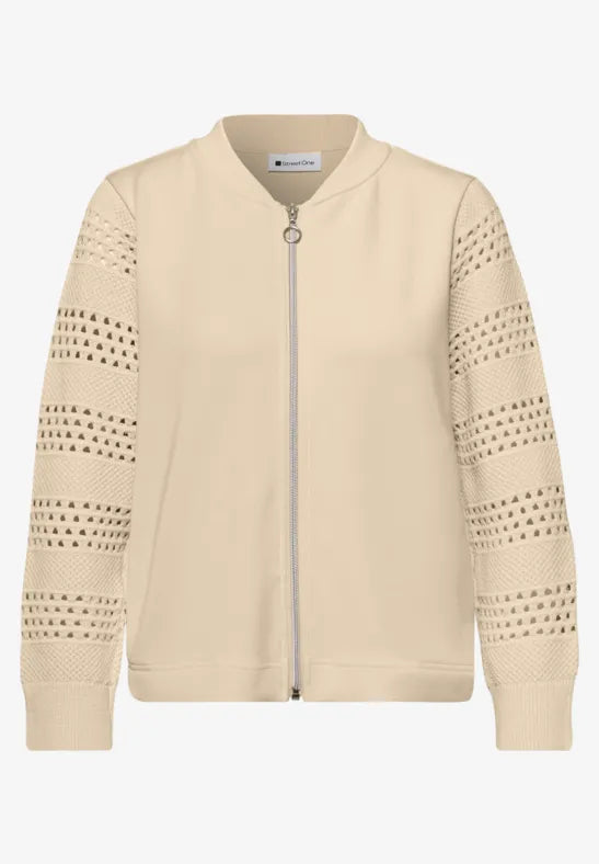 Street One Zip soft jacket with crochet look sleeves in Navy or Beige 324795