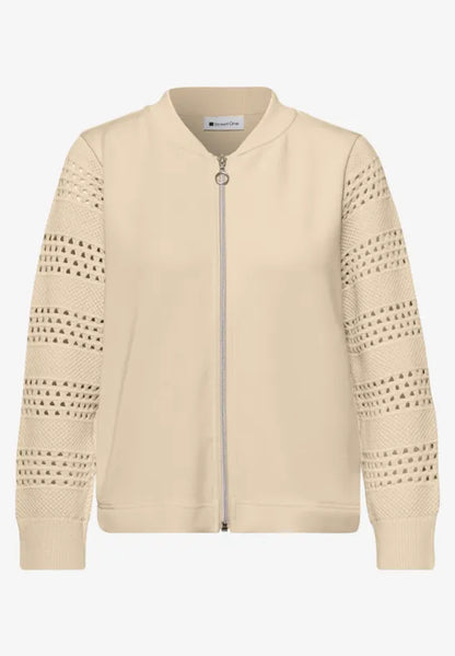 Street One Zip soft jacket with crochet look sleeves in Navy or Beige 324795