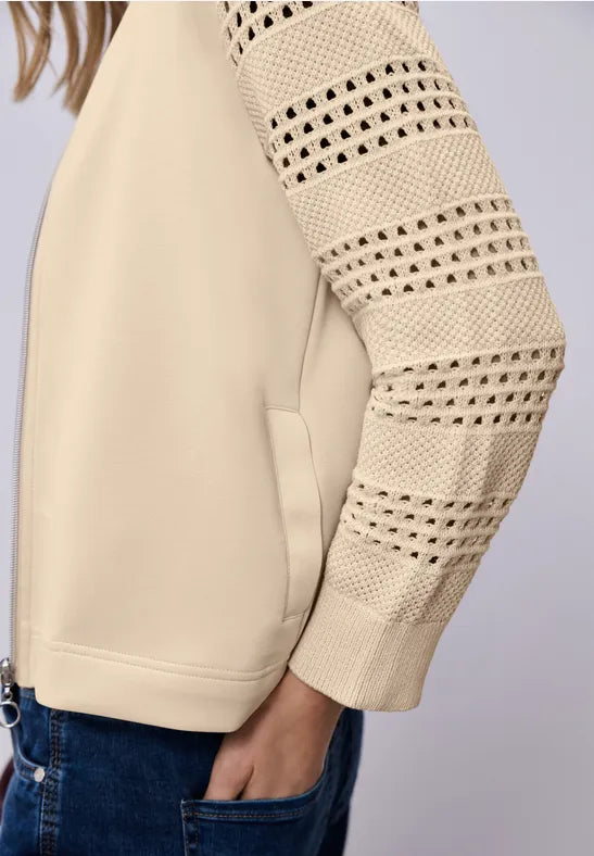 Street One Zip soft jacket with crochet look sleeves in Navy or Beige 324795
