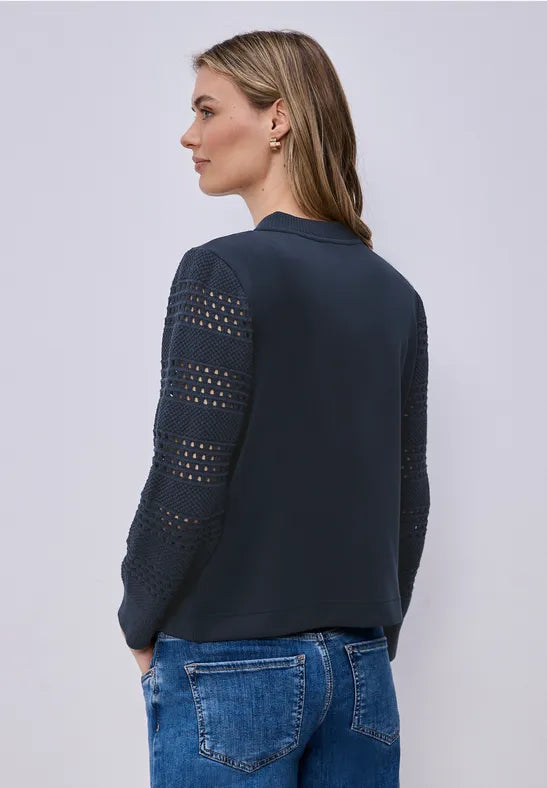 Street One Zip soft jacket with crochet look sleeves in Navy or Beige 324795