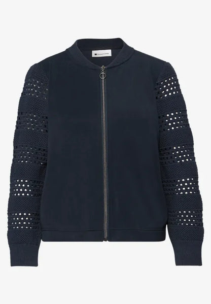 Street One Zip soft jacket with crochet look sleeves in Navy or Beige 324795