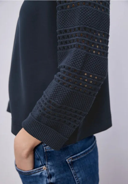 Street One Zip soft jacket with crochet look sleeves in Navy or Beige 324795