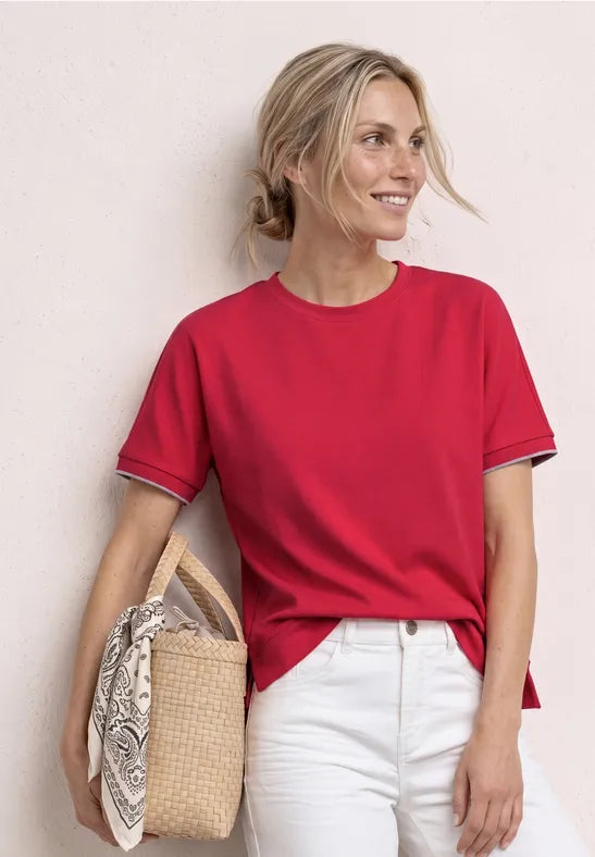 Street One Round Neck Top with Lurex stripe 325262 Red