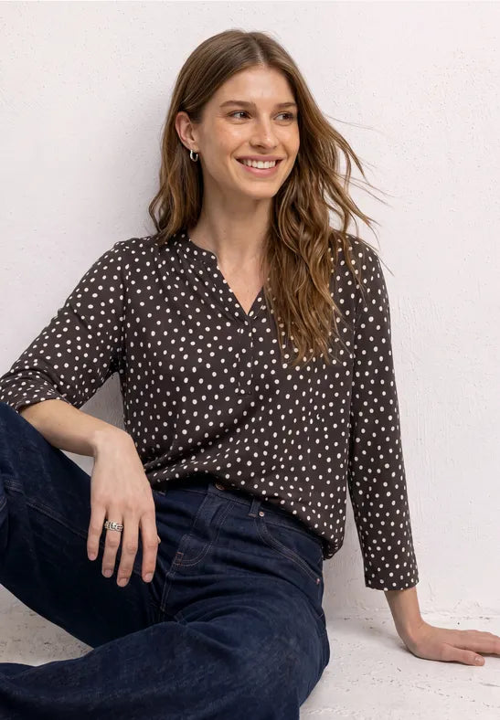 Street One 3/4sleeve cotton top with drawstring waist in Brown polka dot  325621