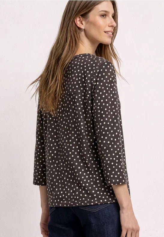 Street One 3/4sleeve cotton top with drawstring waist in Brown polka dot  325621