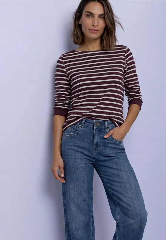 Street One Cotton Stripe Top in Rustic Rouge with 3/4 sleeve  325895