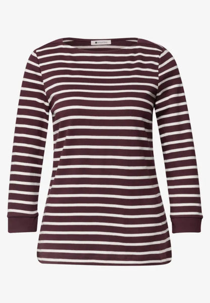 Street One Cotton Stripe Top in Rustic Rouge with 3/4 sleeve  325895