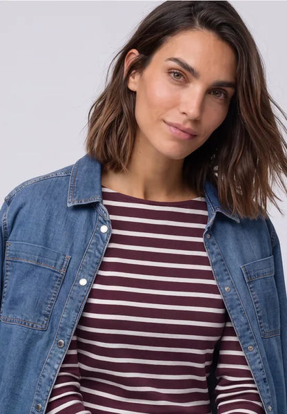 Street One Cotton Stripe Top in Rustic Rouge with 3/4 sleeve  325895