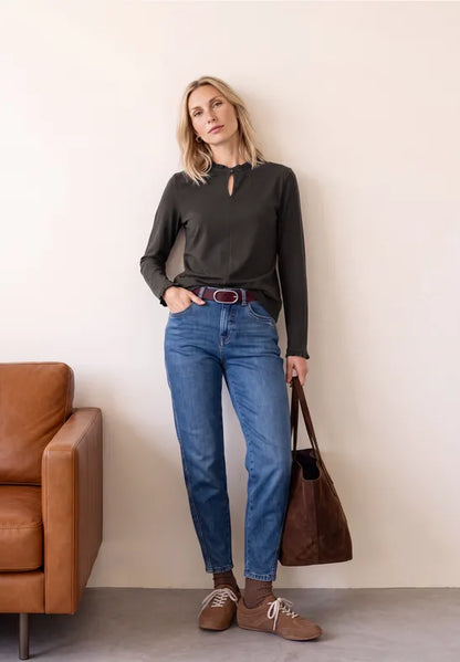 Street One Cotton Long Sleeve top with Frill Neckline and cuffs 326054