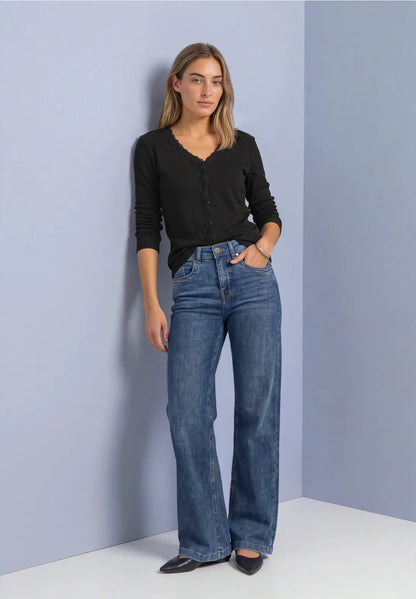 Street One Ribbed V Neck Top with Lace trim  326163