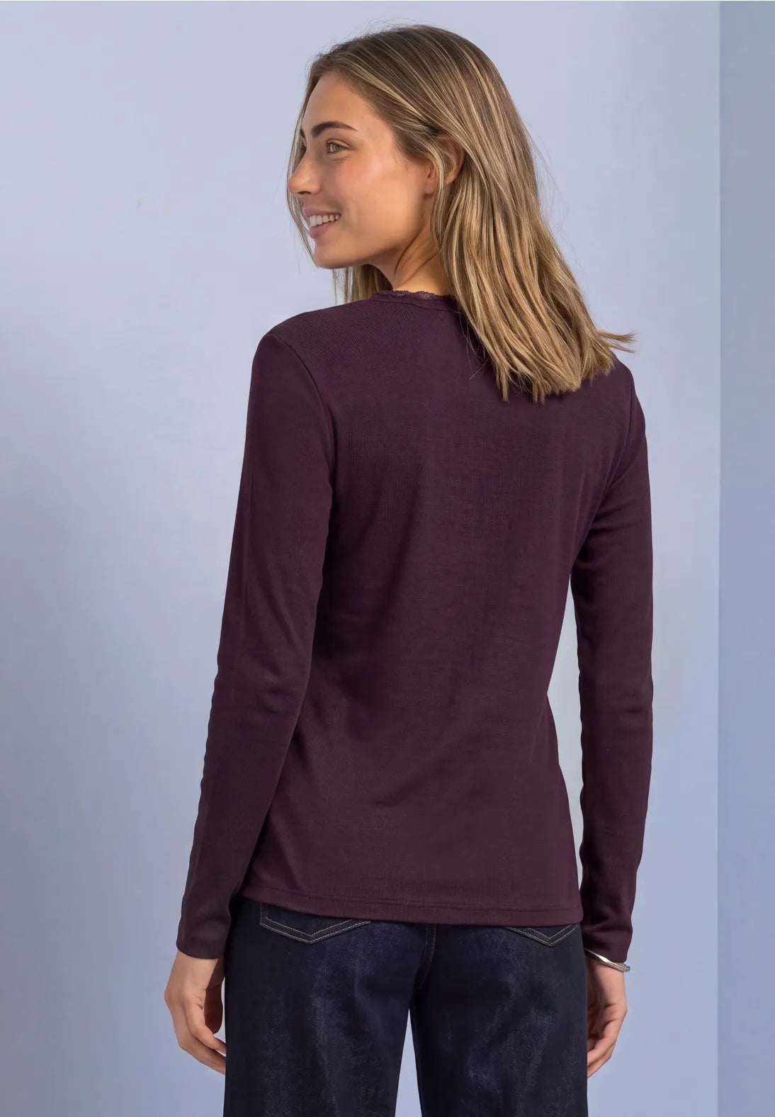 Street One Ribbed V Neck Top with Lace trim  326163