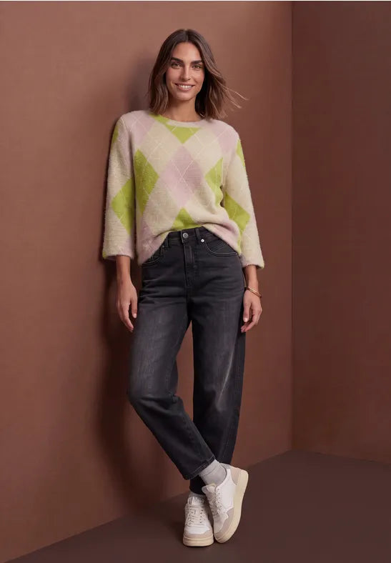 Street One 3/4 sleeve Fluffy Knit with round neck and argyle pattern326171