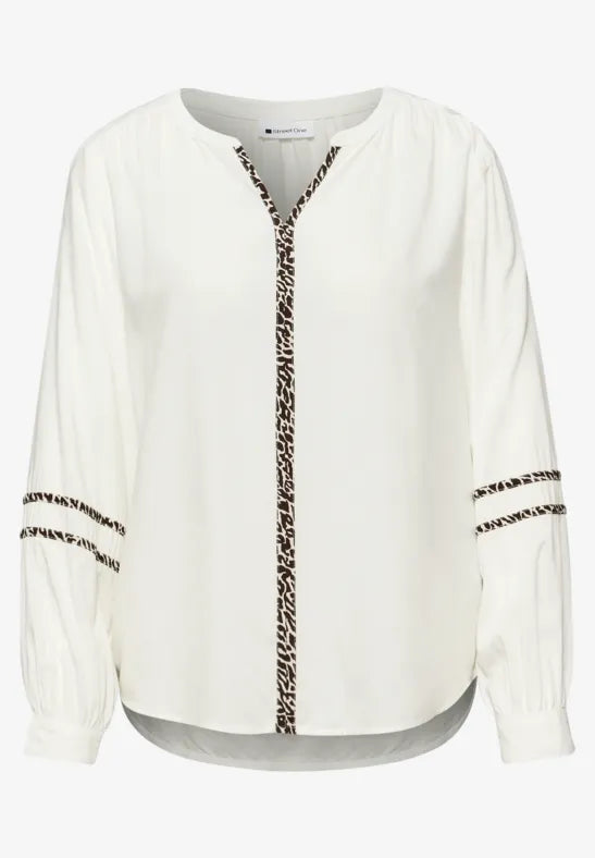 Street One blouse with animal print trim in Off White Or Mocha 346315