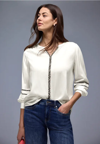 Street One blouse with animal print trim in Off White Or Mocha 346315
