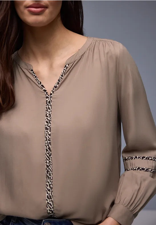 Street One blouse with animal print trim in Off White Or Mocha 346315