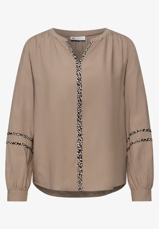 Street One blouse with animal print trim in Off White Or Mocha 346315