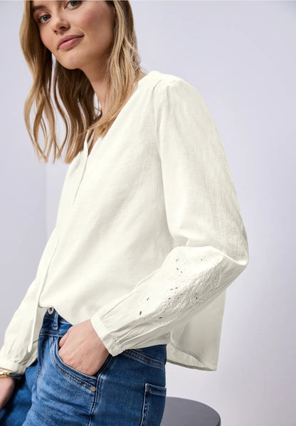 Street One Cotton white V Neck shirt with embroidery sleeve  346432