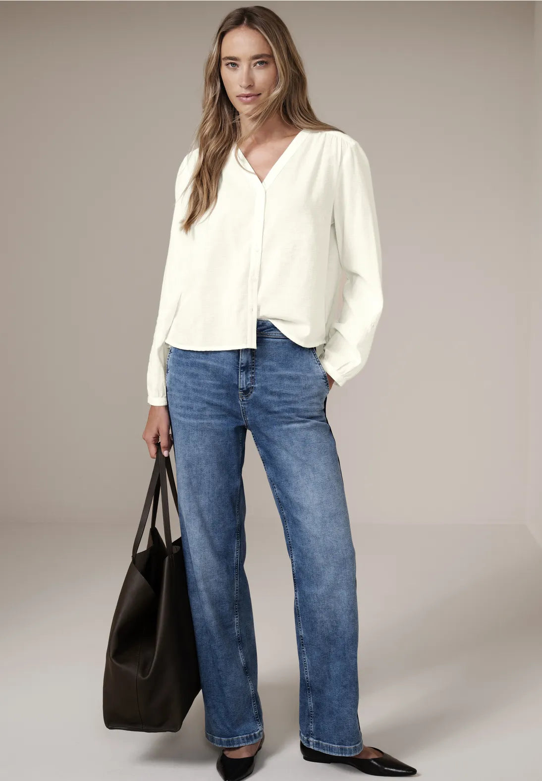 Street One Cotton white V Neck shirt with embroidery sleeve  346432