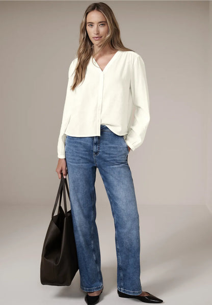 Street One Cotton white V Neck shirt with embroidery sleeve  346432