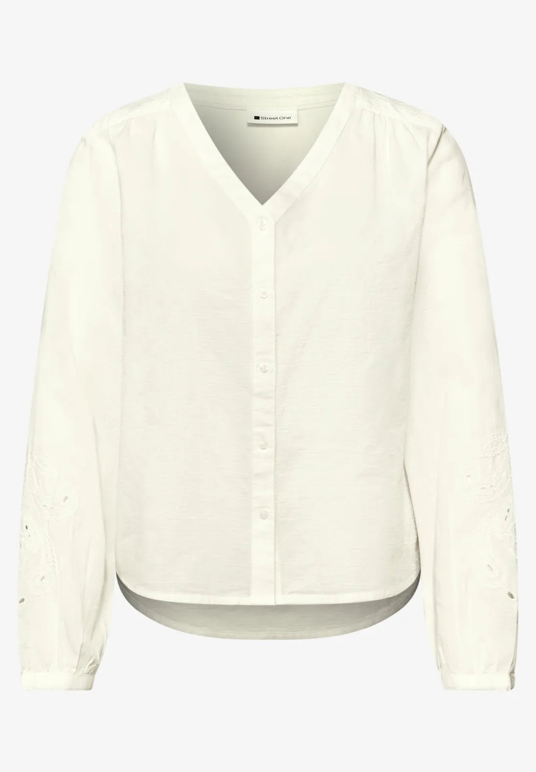 Street One Cotton white V Neck shirt with embroidery sleeve  346432