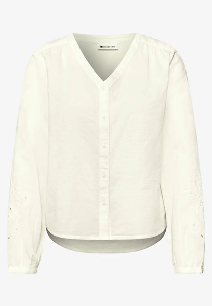 Street One Cotton white V Neck shirt with embroidery sleeve  346432