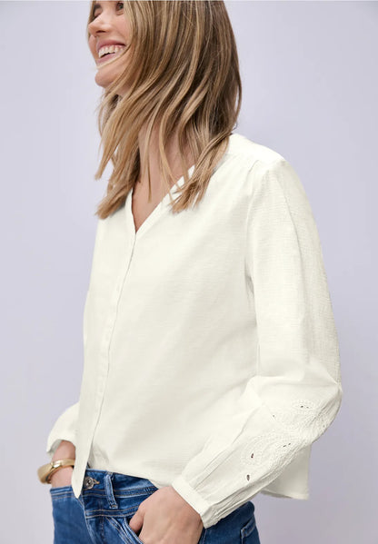 Street One Cotton white V Neck shirt with embroidery sleeve  346432