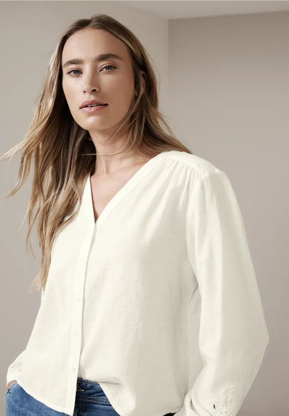 Street One Cotton white V Neck shirt with embroidery sleeve  346432