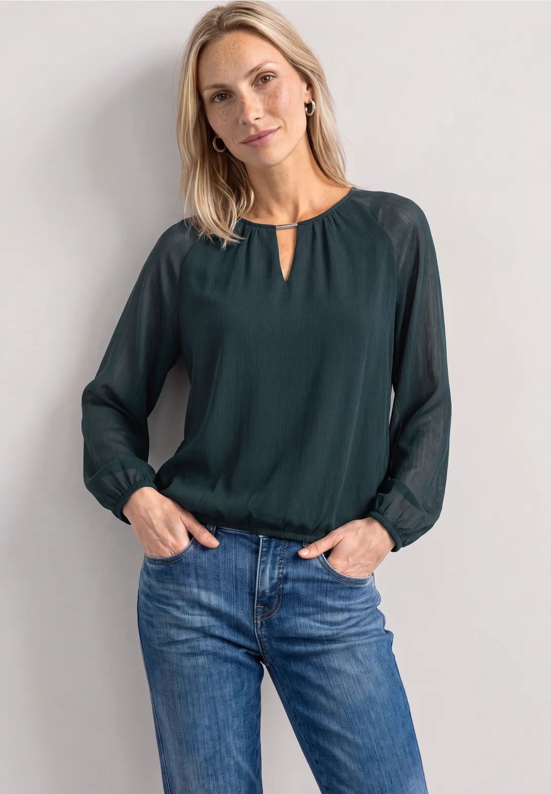 Street One Chiffon Long Sleeve top in Stormy Green  347007