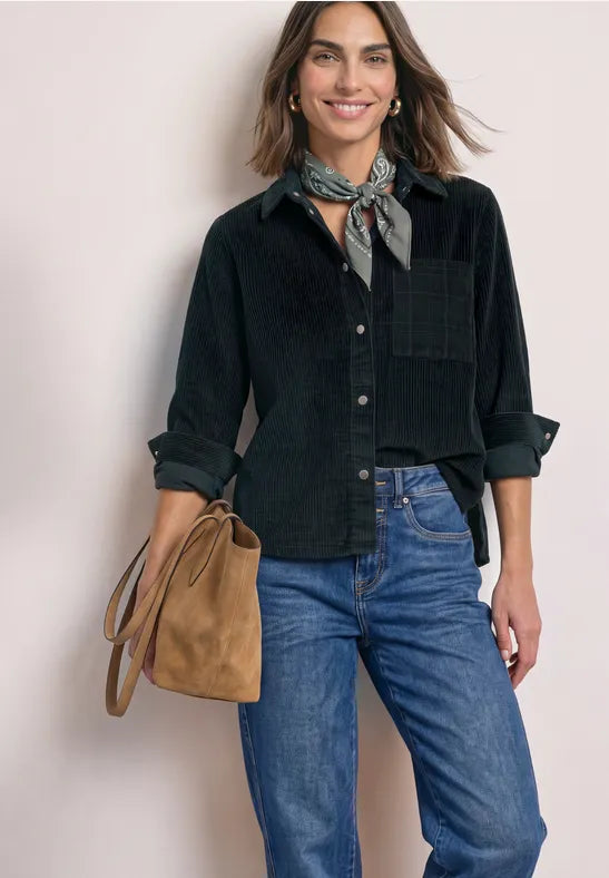Long-sleeved shirt blouse with corduroy blend in Deep Green