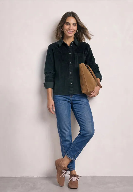 Long-sleeved shirt blouse with corduroy blend in Deep Green
