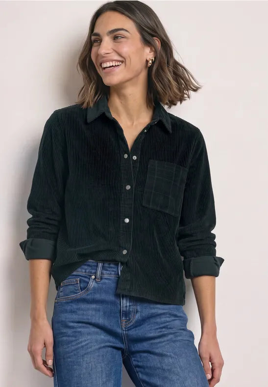 Long-sleeved shirt blouse with corduroy blend in Deep Green