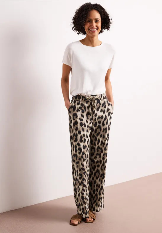 Street One 30"  lightweight High waist wide leg trousers with leopard print380799