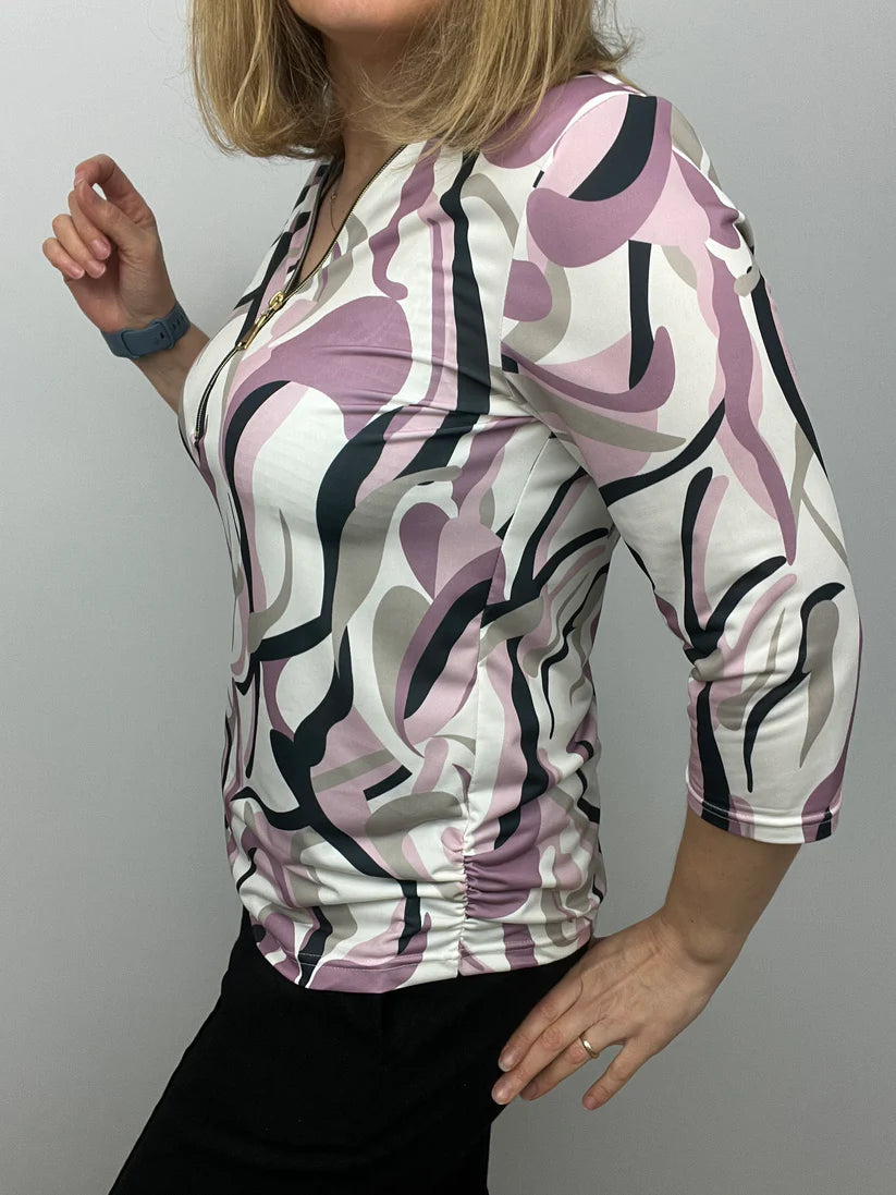 Ilona 3/4 sleeve zip top in Dusy pink and Beige mix Zip26 14