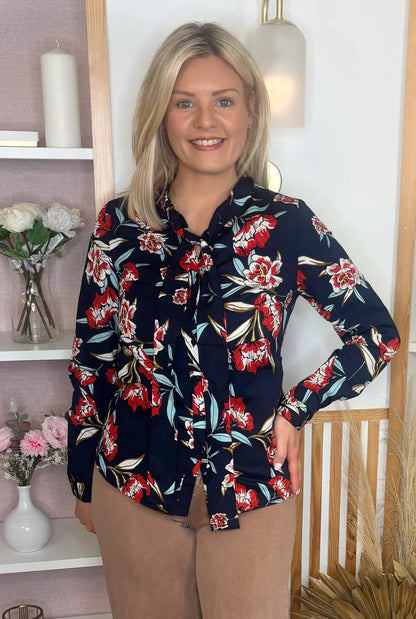 Saint Maine Navy Print V Neck Blouse with bow detail P2553