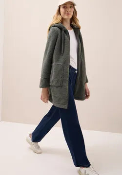 Cecil cozy Teddy Coat with Full Zip and Pockets in Olive Green  101271