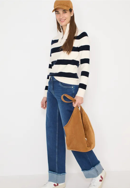 Cecil 1/4 Zip stripe knit in Navy or Beige  303753