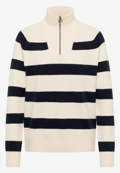 Cecil 1/4 Zip stripe knit in Navy or Beige  303753