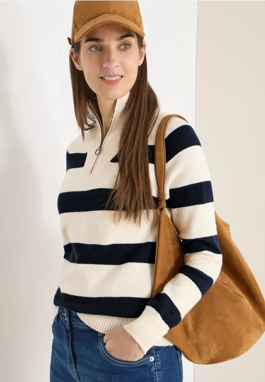 Cecil 1/4 Zip stripe knit in Navy or Beige  303753