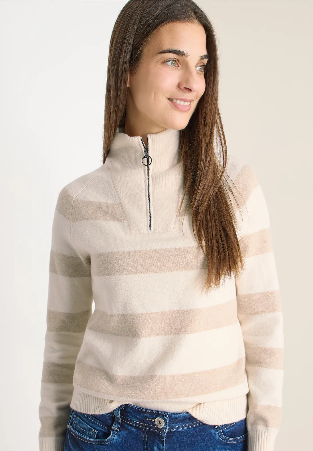 Cecil 1/4 Zip stripe knit in Navy or Beige  303753