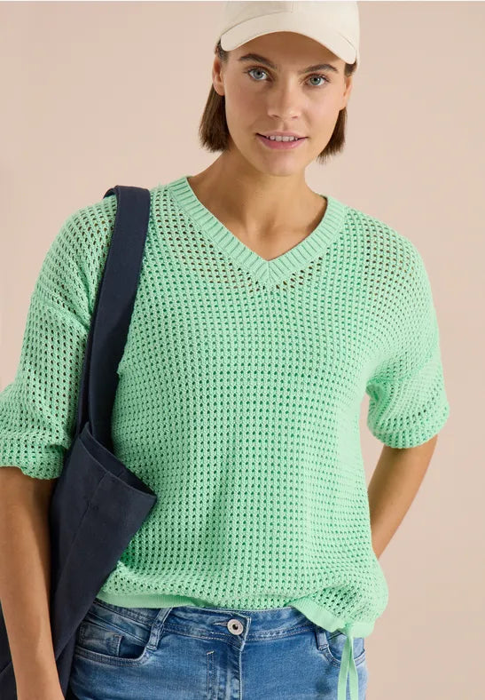Cecil V Neck Short Sleeve crochet look knit with drawstring 33864