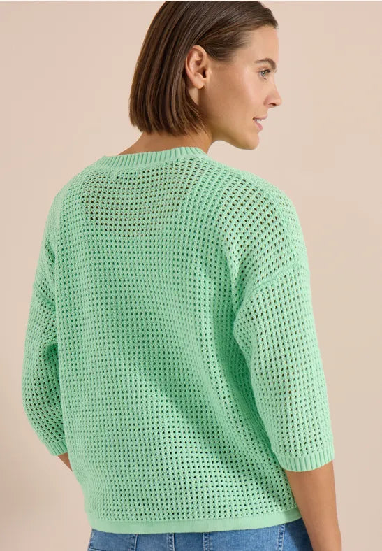 Cecil V Neck Short Sleeve crochet look knit with drawstring 33864