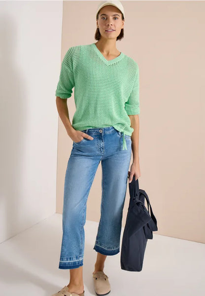 Cecil V Neck Short Sleeve crochet look knit with drawstring 33864