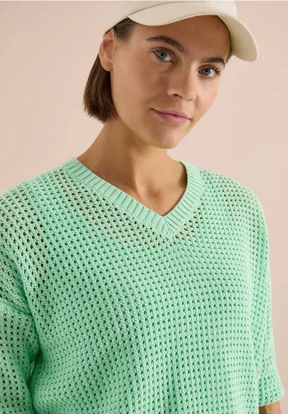 Cecil V Neck Short Sleeve crochet look knit with drawstring 33864